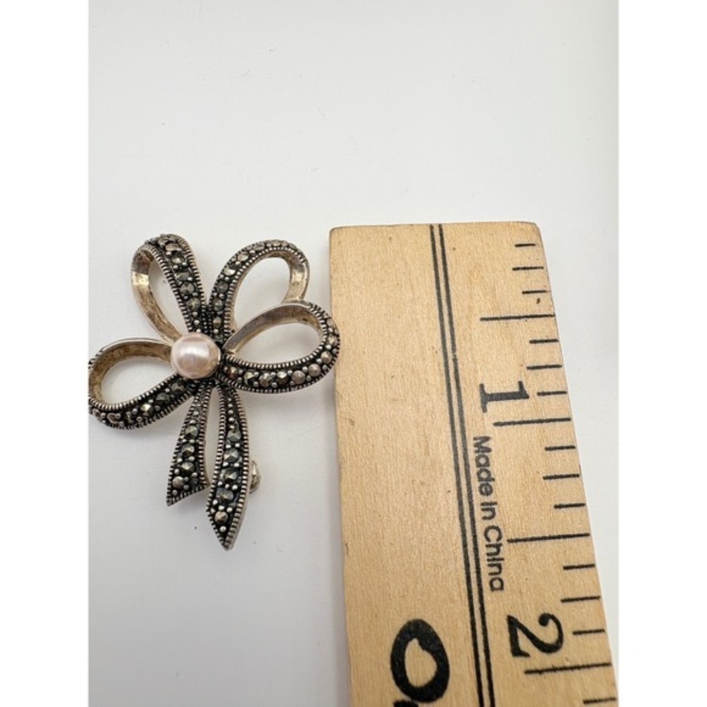 Sterling Silver Bow Brooch Marcasite Pearl Center 925 China Ribbon Pin - Picture 6 of 10